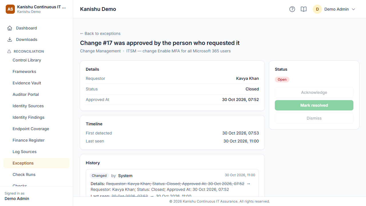 The record behind a finding, its history and resolution.