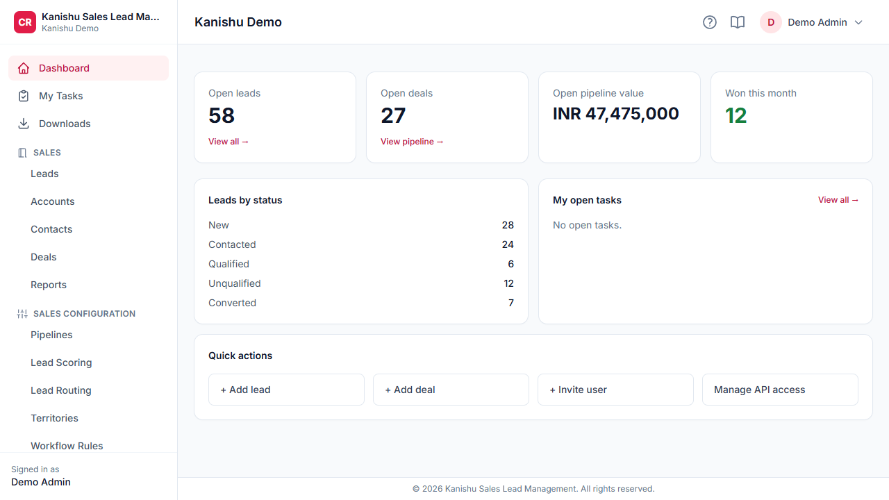 New leads, pipeline by stage and today’s tasks.