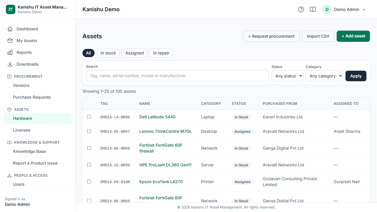 Search and filter every device by owner, location, status or warranty.