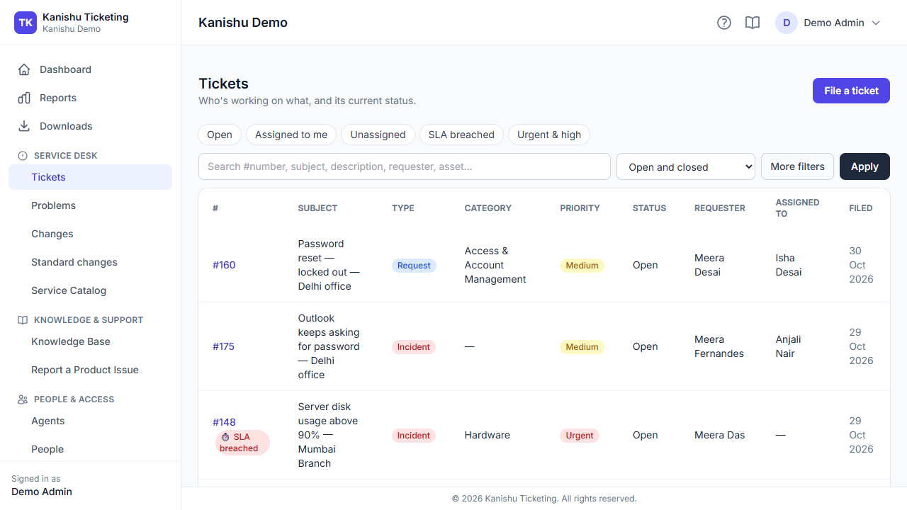 All tickets with priority, SLA status and assignee; filter and search.